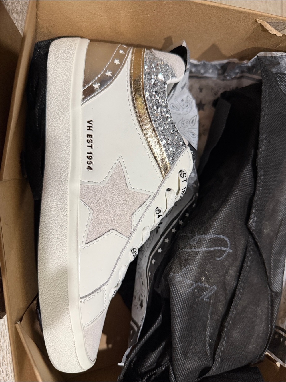 Vintage Havana White Sneaker with Gold Metallic Trim and Pink Star